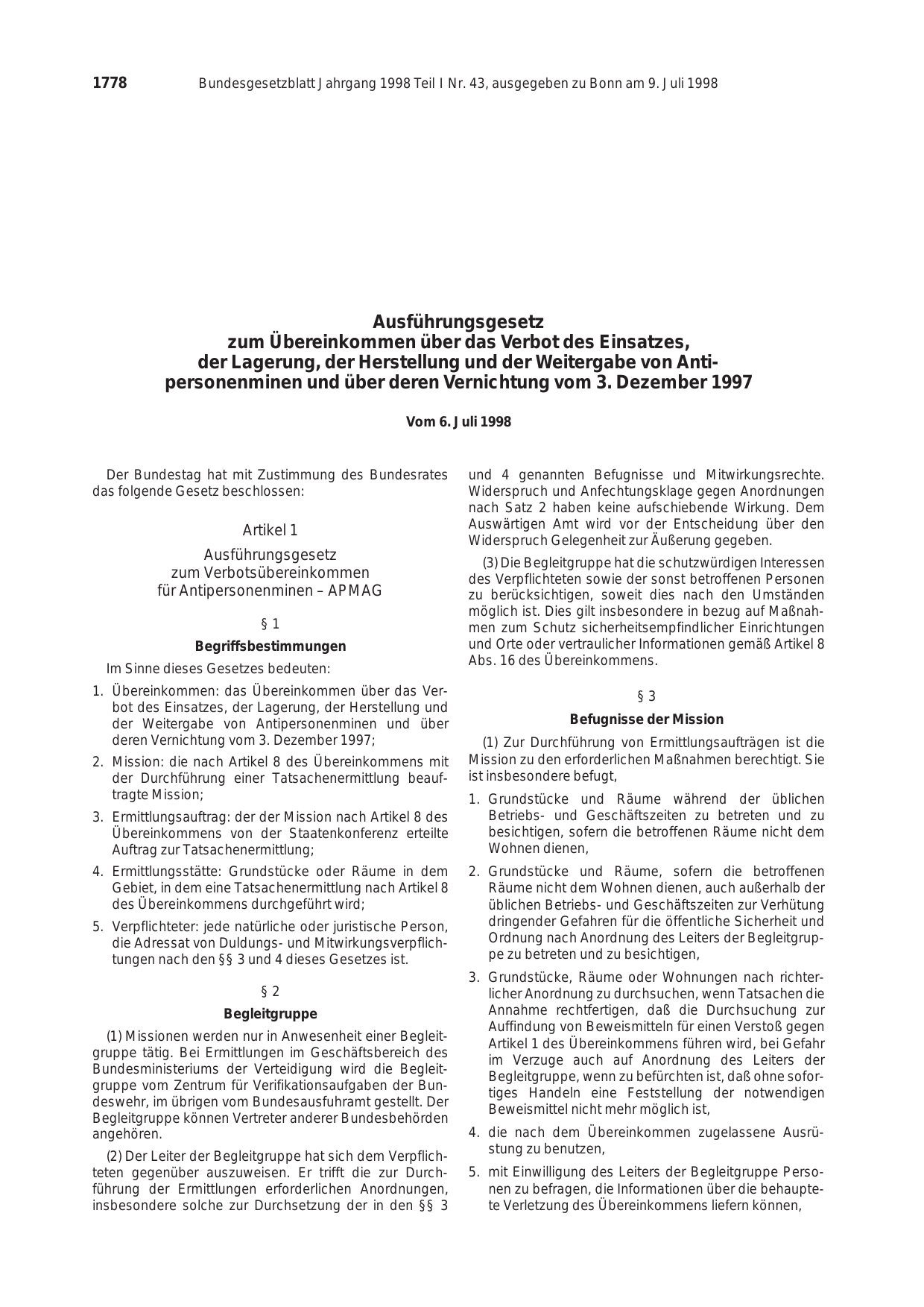 BGBl. 1998, Seite 1778 — Originalseite als Abbildung