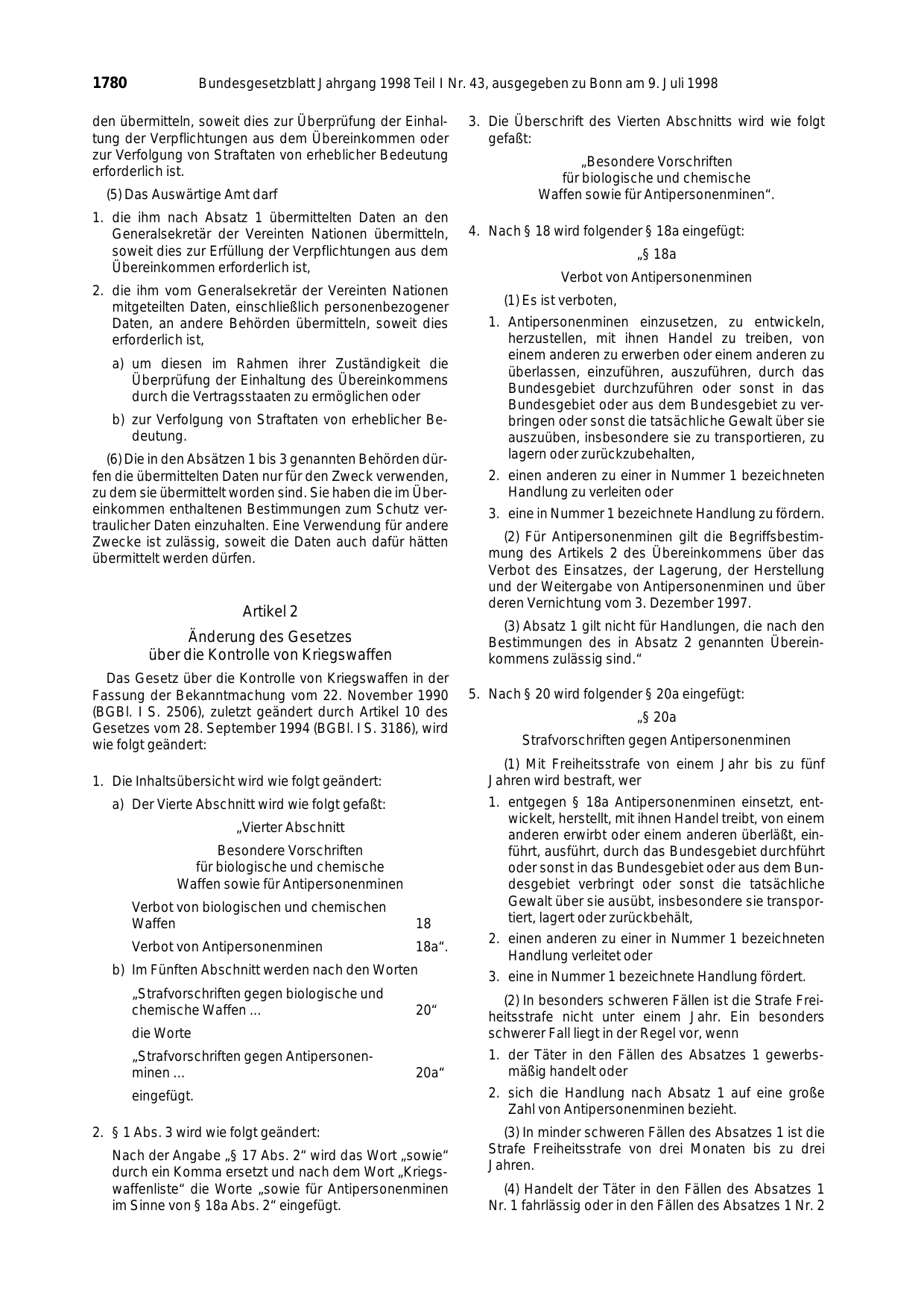 BGBl. 1998, Seite 1780 — Originalseite als Abbildung