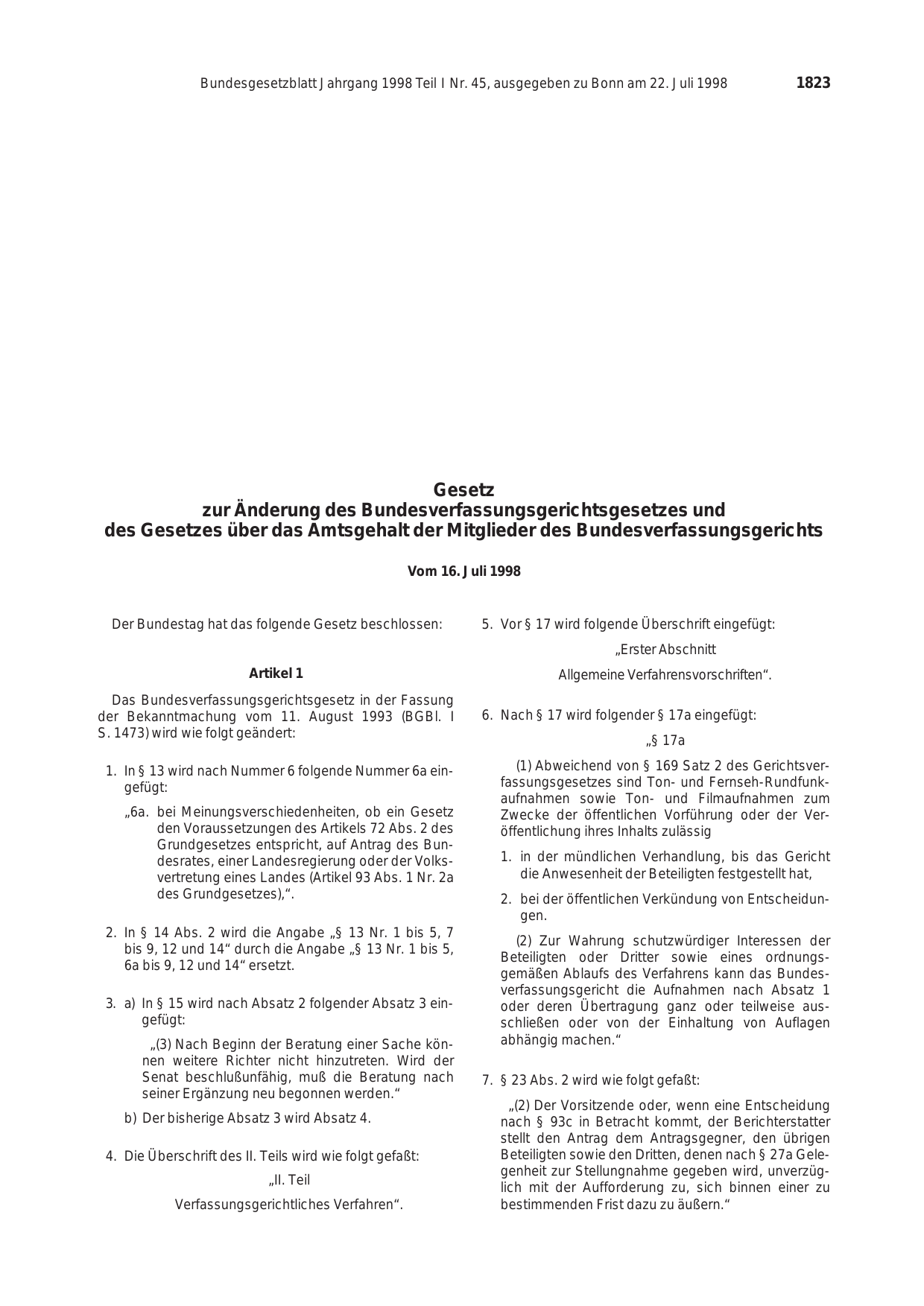 BGBl. 1998, Seite 1823 — Originalseite als Abbildung