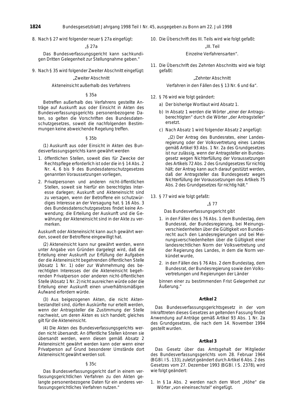 BGBl. 1998, Seite 1824 — Originalseite als Abbildung