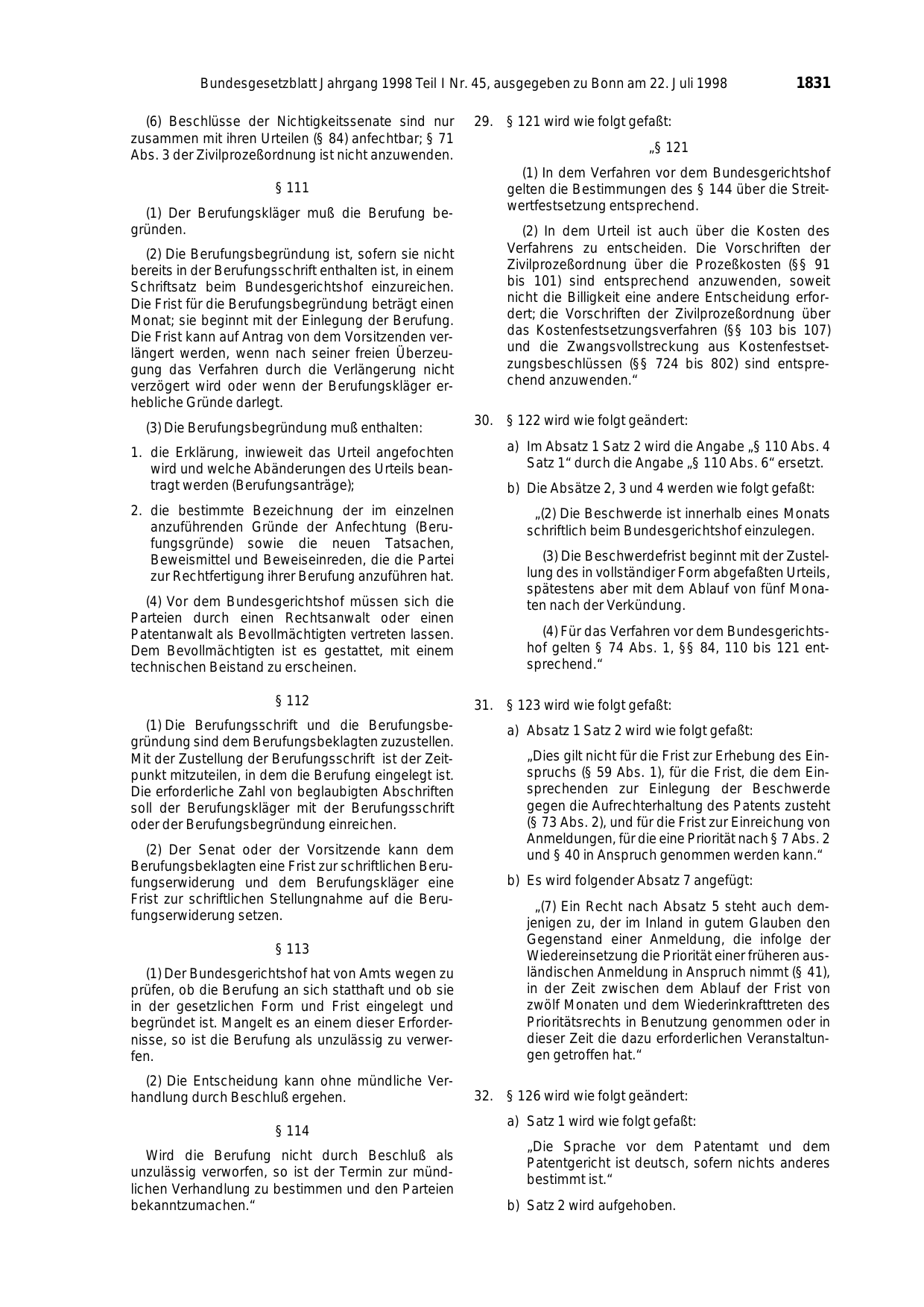 BGBl. 1998, Seite 1831 — Originalseite als Abbildung