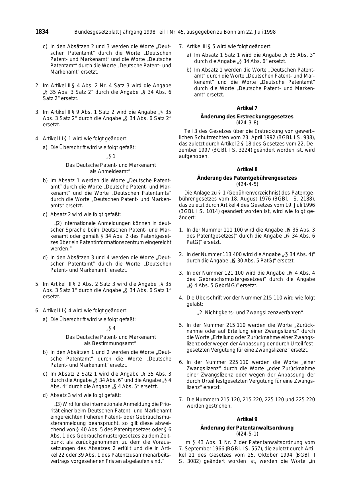 BGBl. 1998, Seite 1834 — Originalseite als Abbildung
