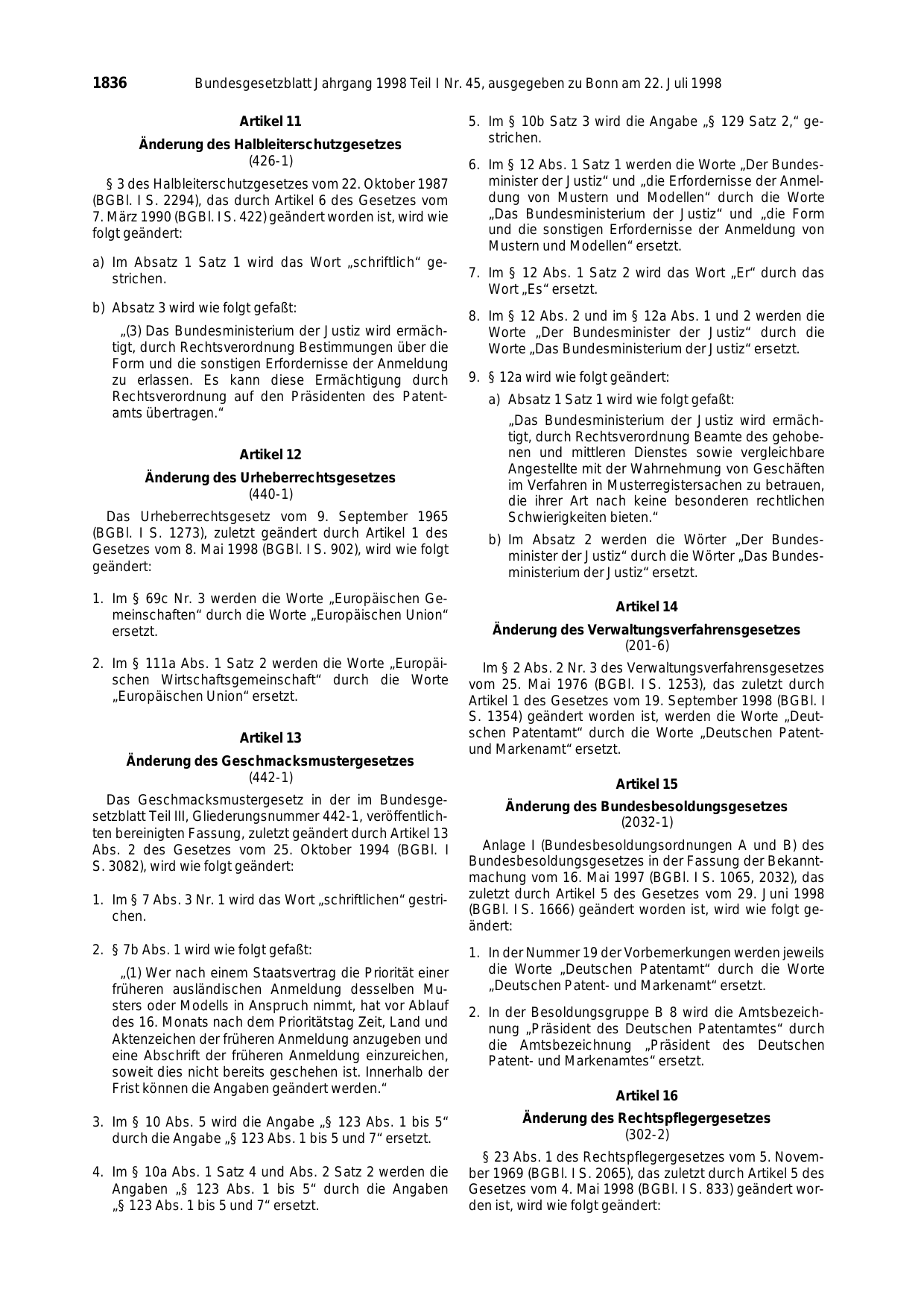 BGBl. 1998, Seite 1836 — Originalseite als Abbildung