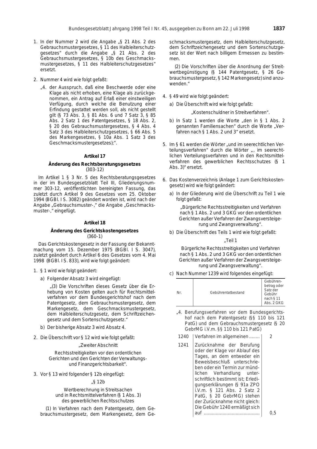 BGBl. 1998, Seite 1837 — Originalseite als Abbildung