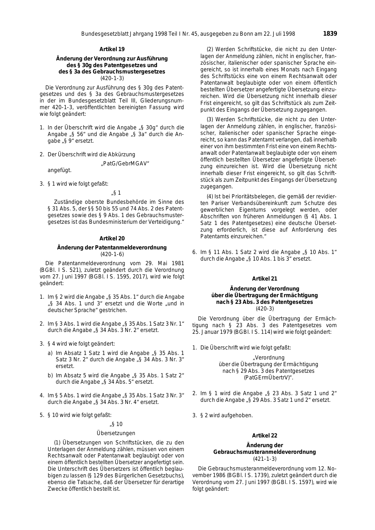 BGBl. 1998, Seite 1839 — Originalseite als Abbildung