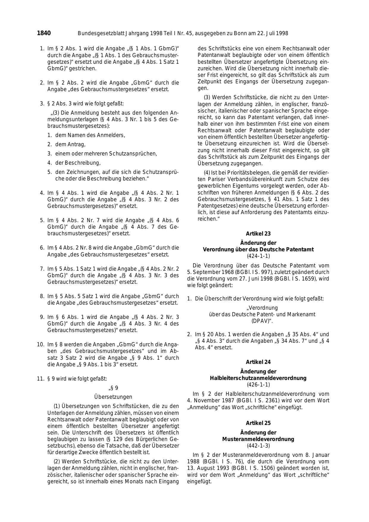 BGBl. 1998, Seite 1840 — Originalseite als Abbildung