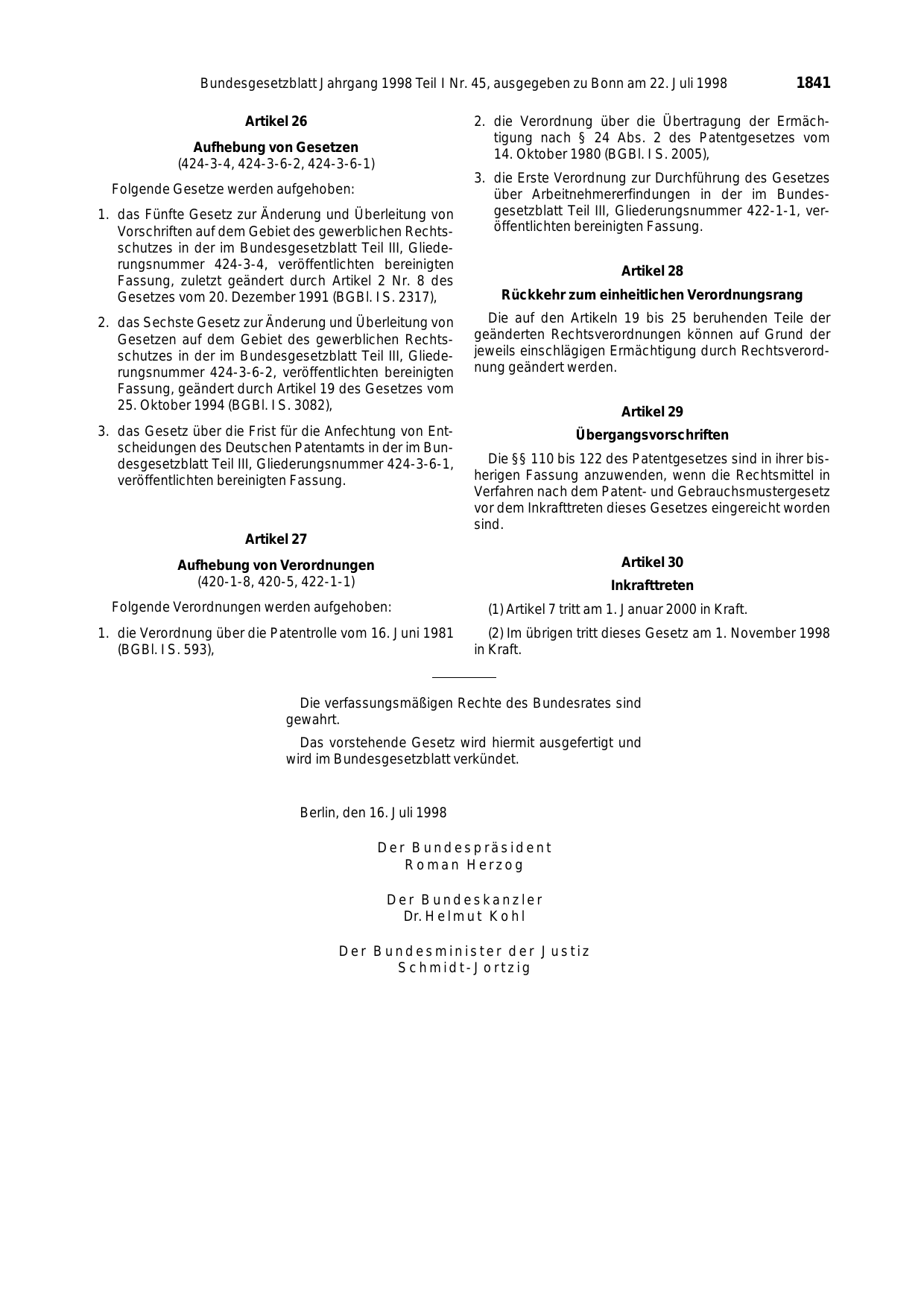 BGBl. 1998, Seite 1841 — Originalseite als Abbildung