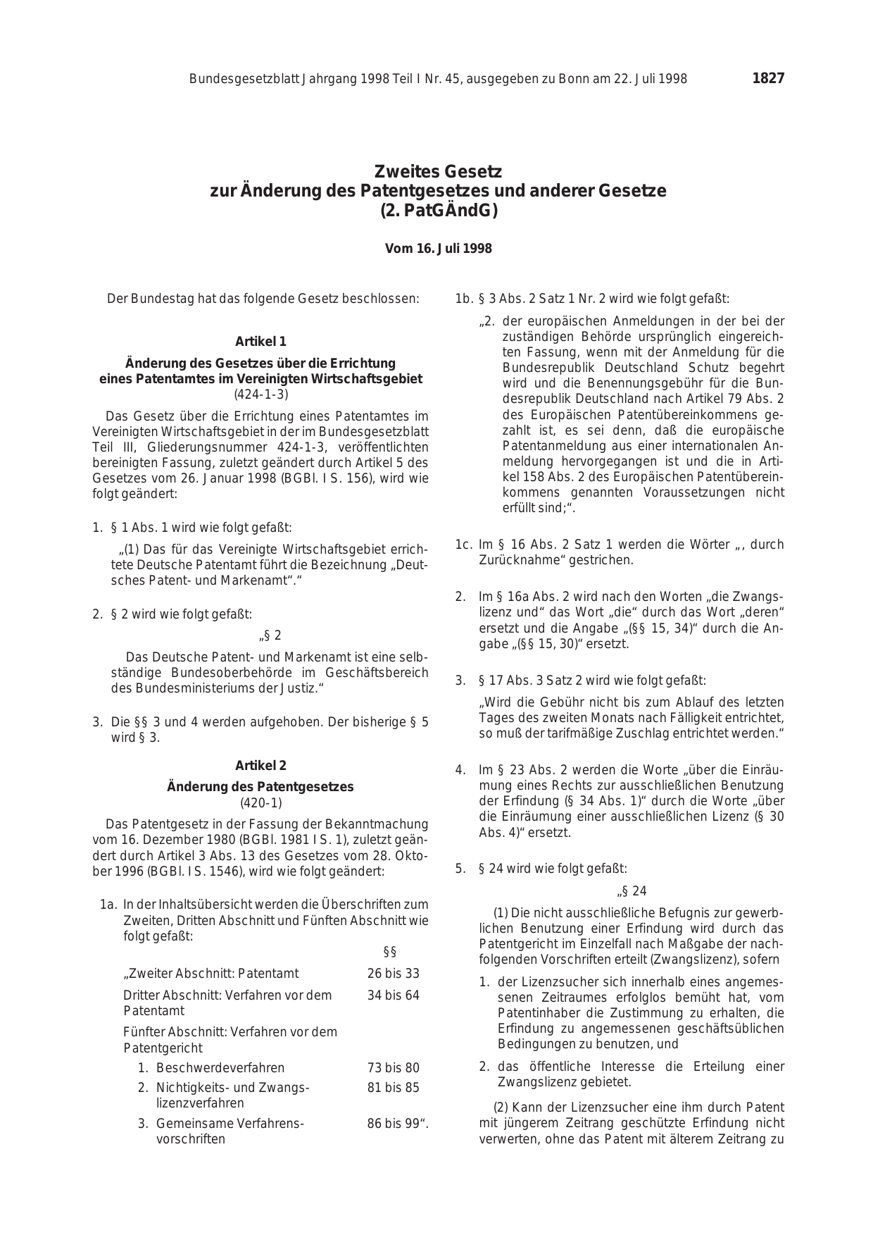 BGBl. 1998, Seite 1827 — Originalseite als Abbildung