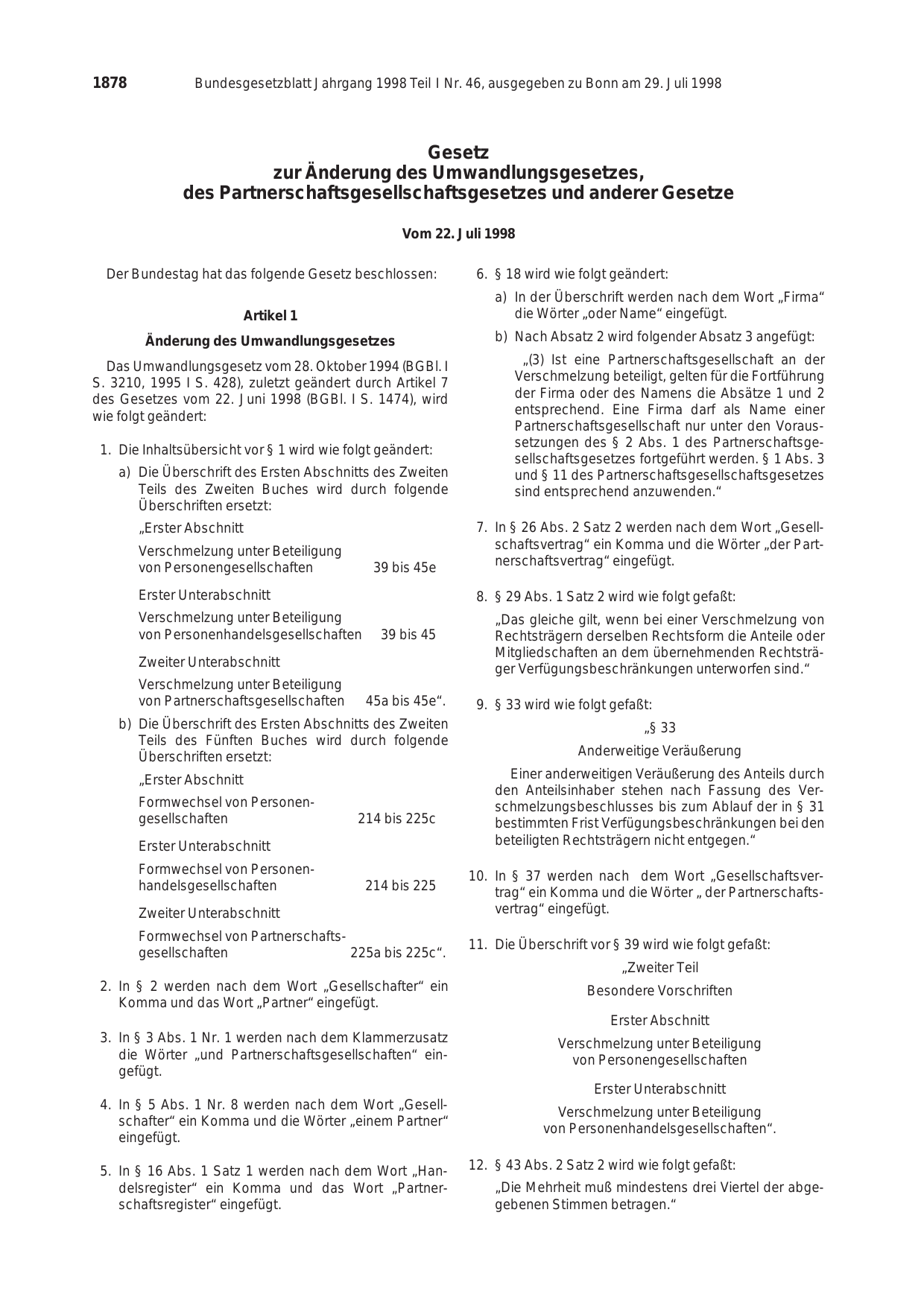 BGBl. 1998, Seite 1878 — Originalseite als Abbildung