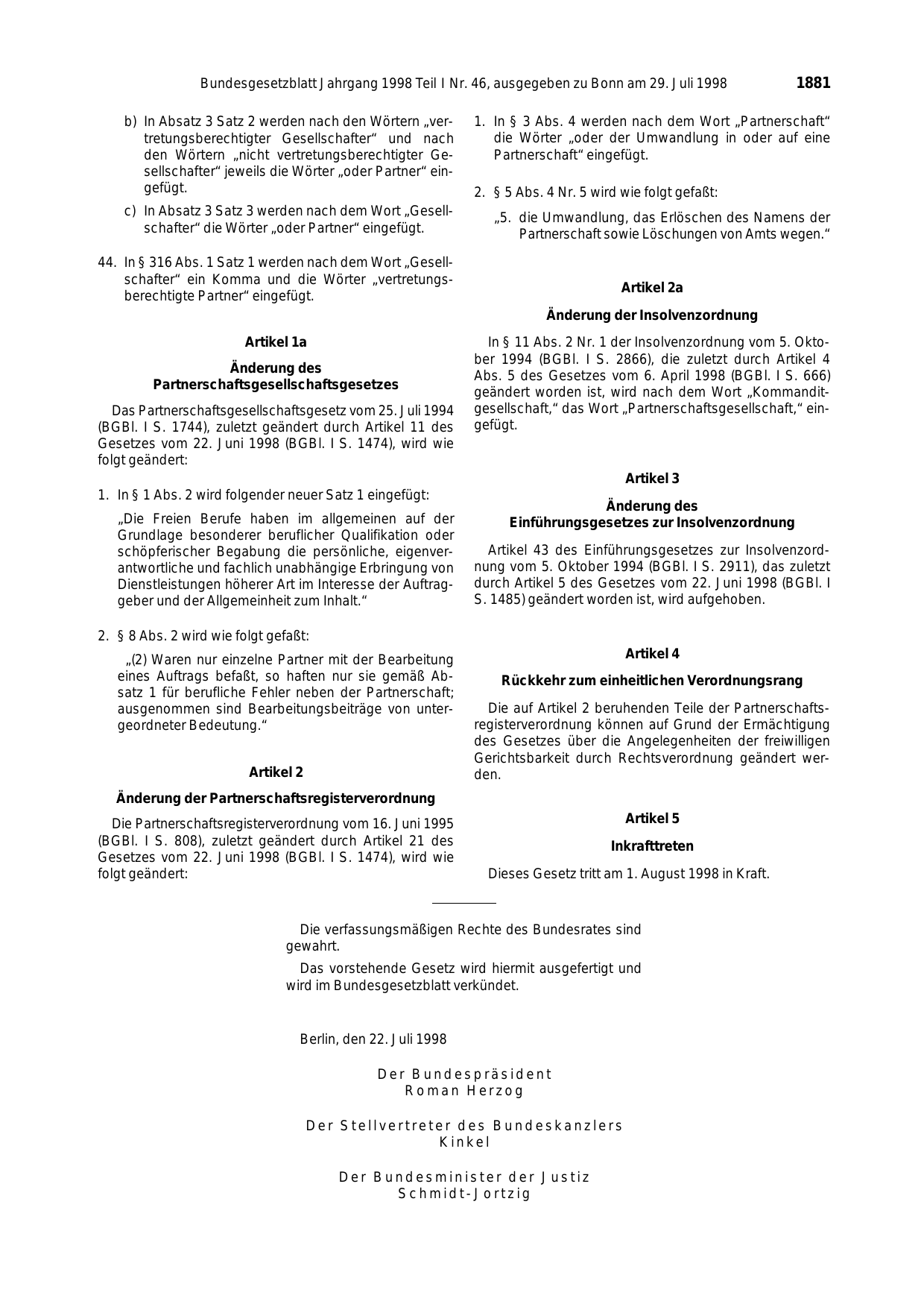 BGBl. 1998, Seite 1881 — Originalseite als Abbildung