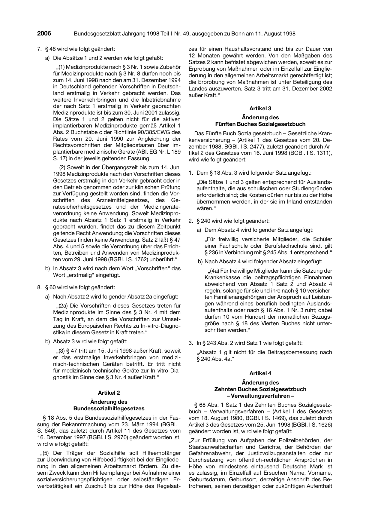 BGBl. 1998, Seite 2006 — Originalseite als Abbildung