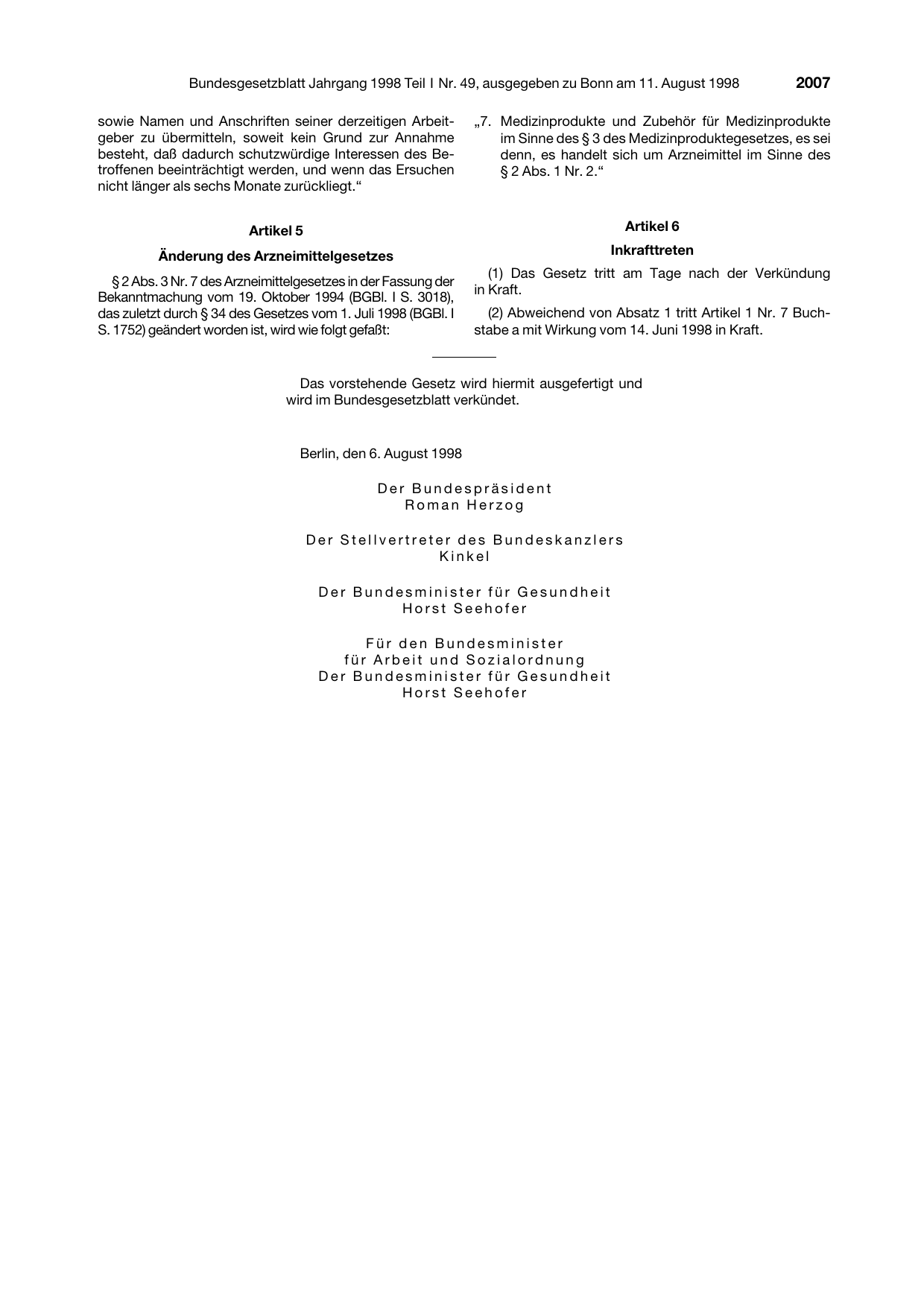 BGBl. 1998, Seite 2007 — Originalseite als Abbildung