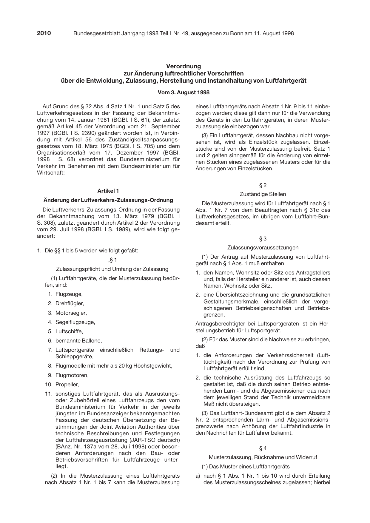BGBl. 1998, Seite 2010 — Originalseite als Abbildung