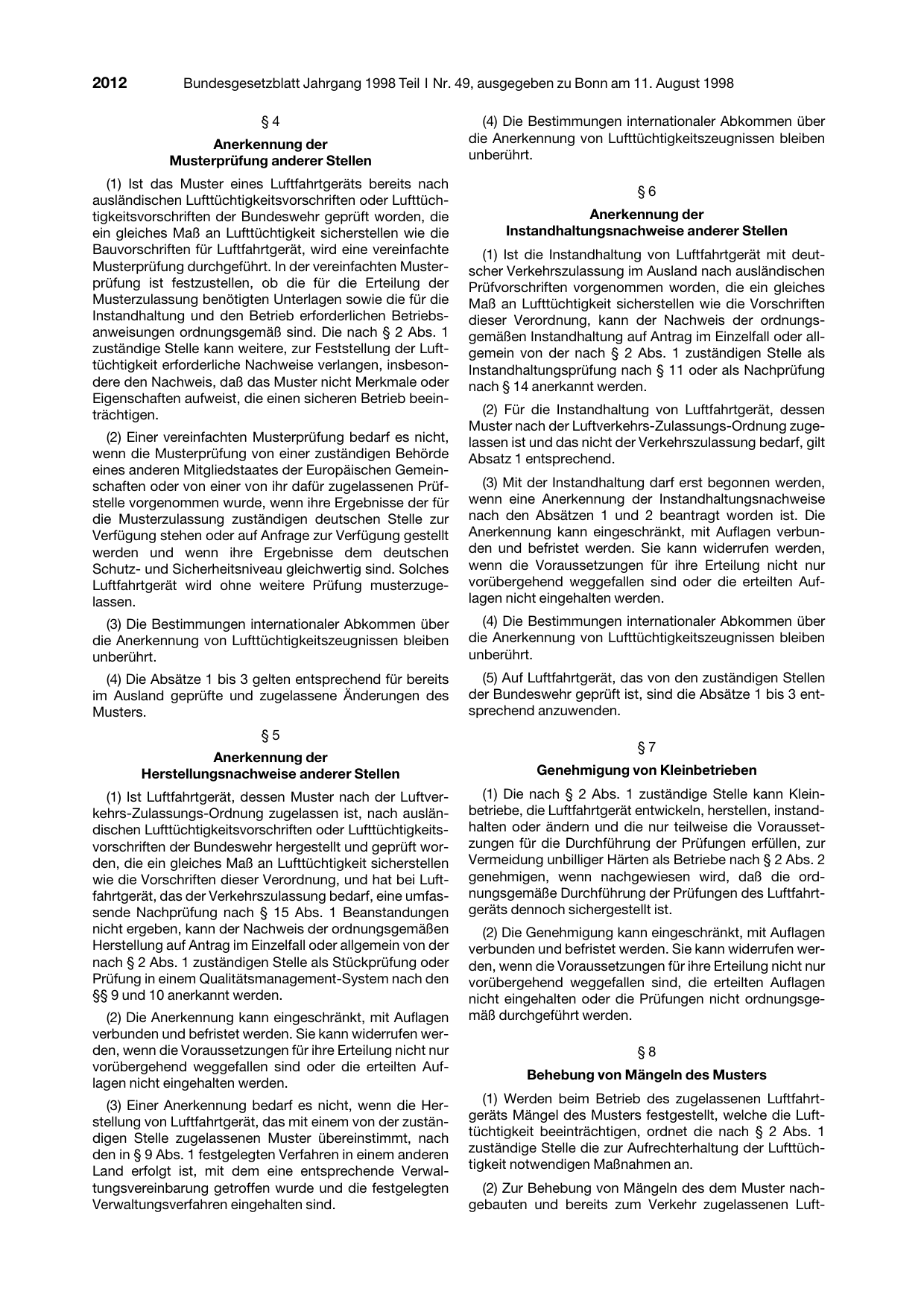 BGBl. 1998, Seite 2012 — Originalseite als Abbildung