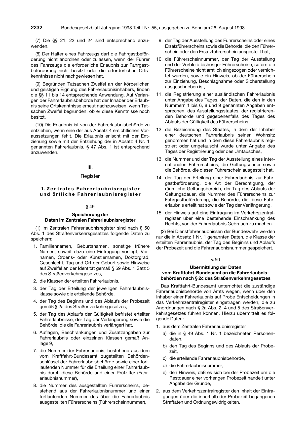 BGBl. 1998, Seite 2232 — Originalseite als Abbildung