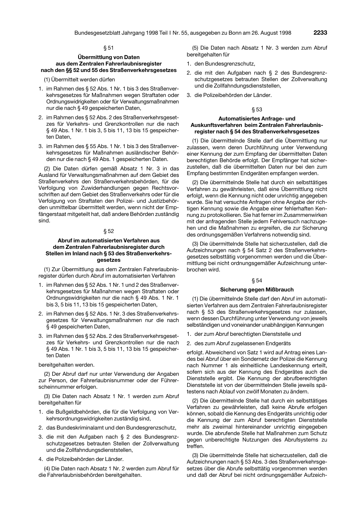 BGBl. 1998, Seite 2233 — Originalseite als Abbildung