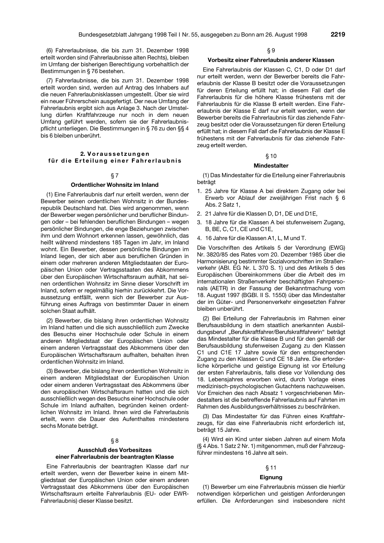 BGBl. 1998, Seite 2219 — Originalseite als Abbildung