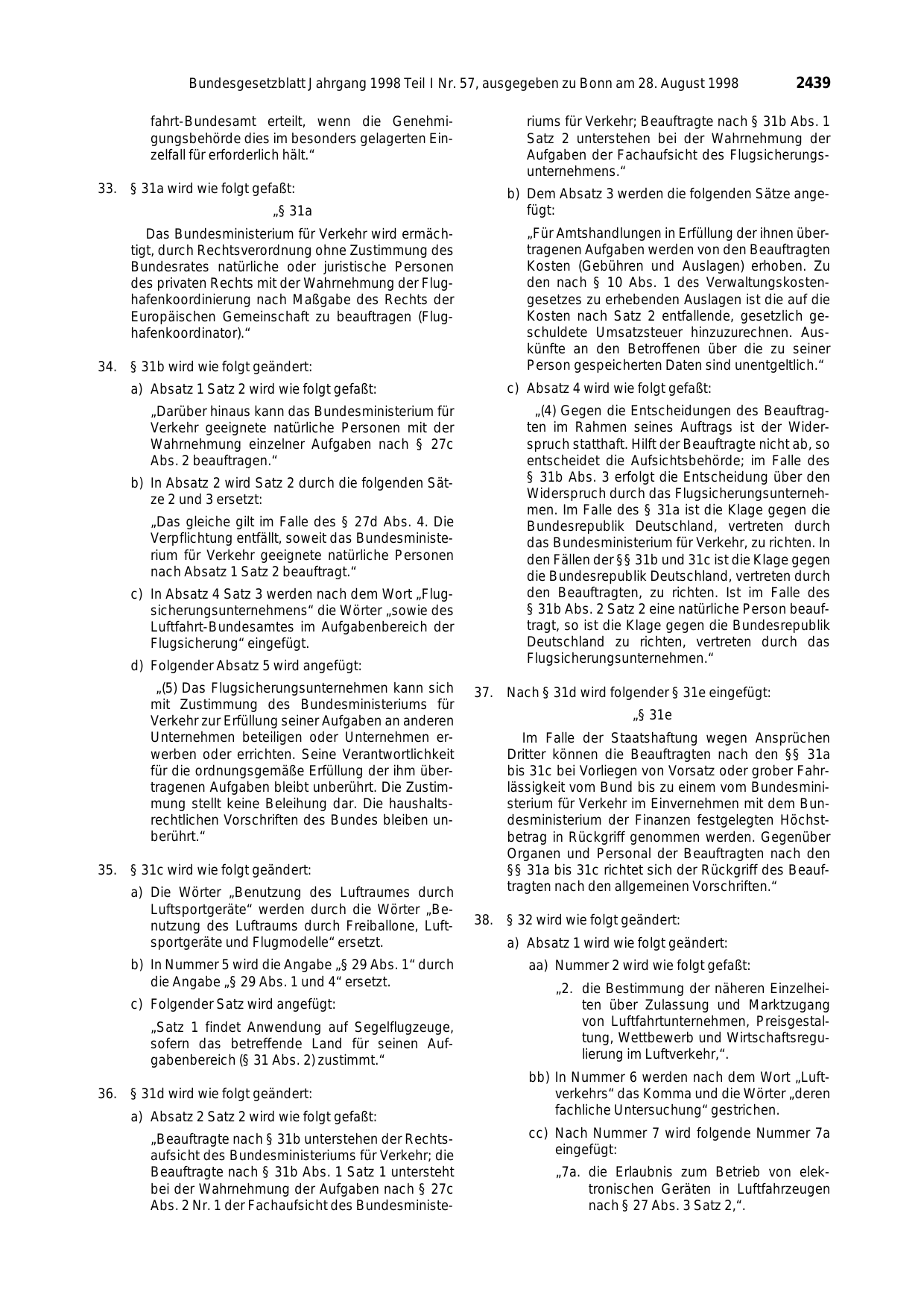 BGBl. 1998, Seite 2439 — Originalseite als Abbildung