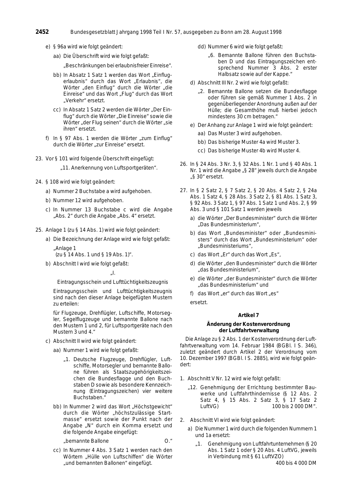 BGBl. 1998, Seite 2452 — Originalseite als Abbildung