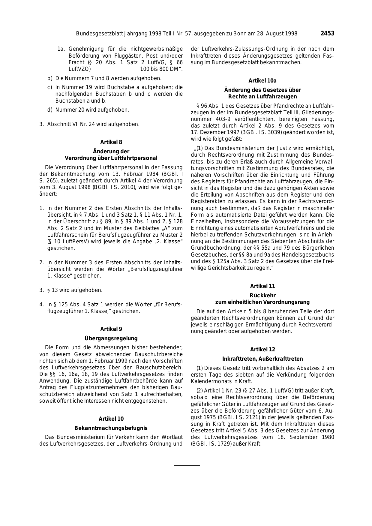 BGBl. 1998, Seite 2453 — Originalseite als Abbildung