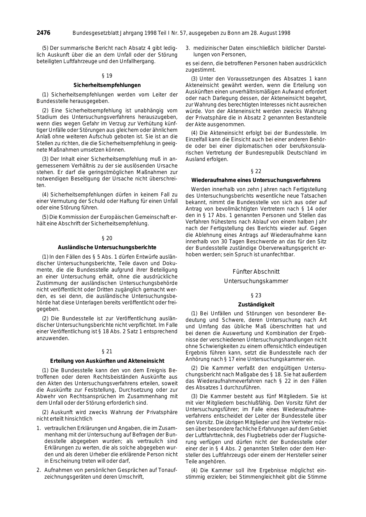 BGBl. 1998, Seite 2476 — Originalseite als Abbildung