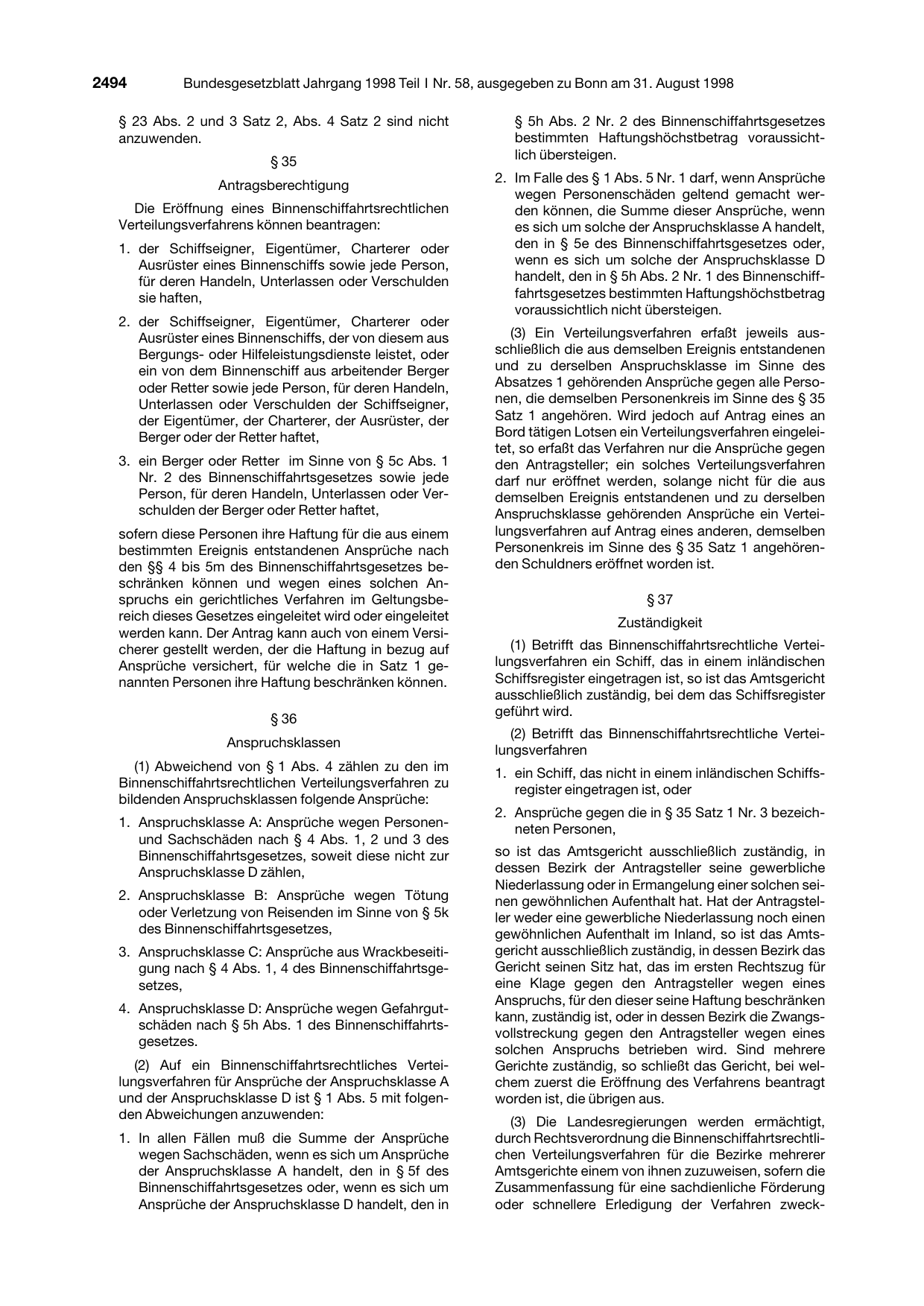 BGBl. 1998, Seite 2494 — Originalseite als Abbildung