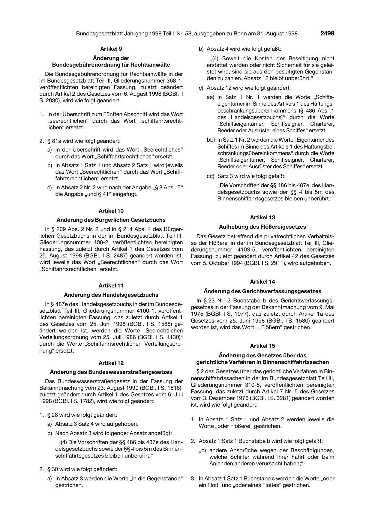 BGBl. 1998, Seite 2499 — Originalseite als Abbildung