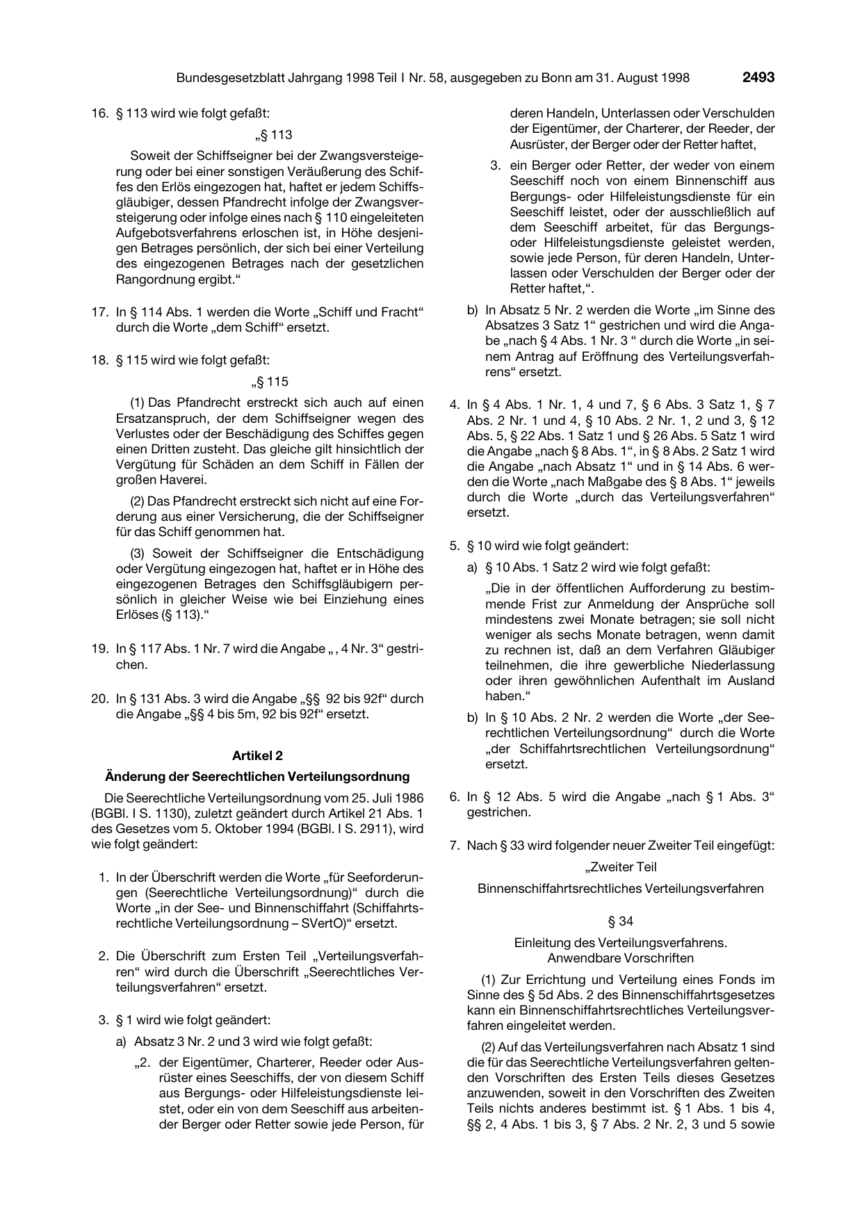 BGBl. 1998, Seite 2493 — Originalseite als Abbildung