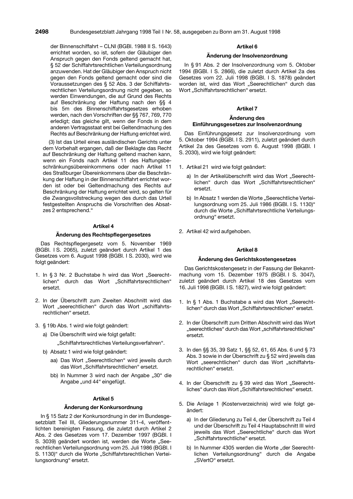 BGBl. 1998, Seite 2498 — Originalseite als Abbildung