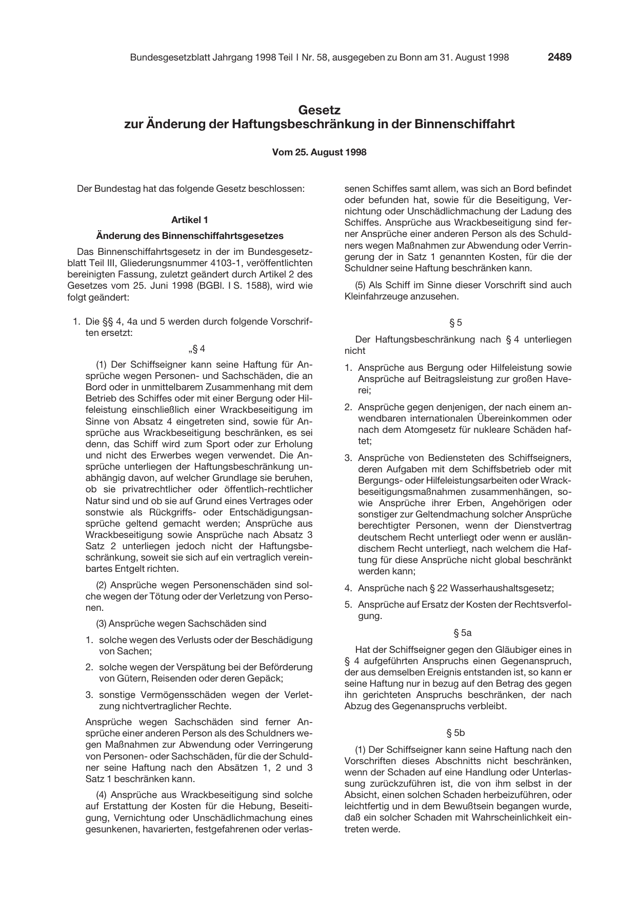 BGBl. 1998, Seite 2489 — Originalseite als Abbildung
