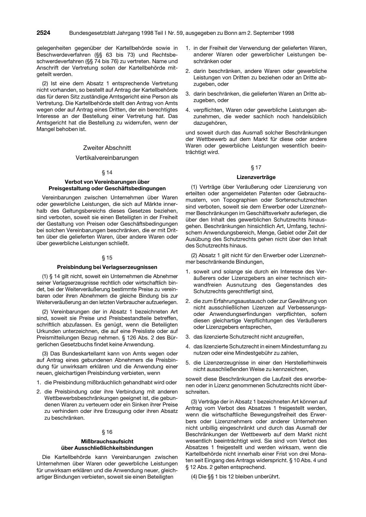 BGBl. 1998, Seite 2524 — Originalseite als Abbildung