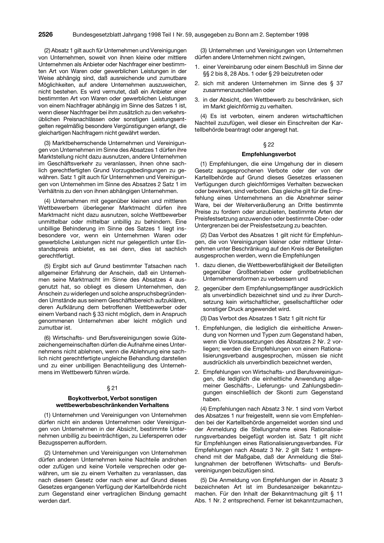 BGBl. 1998, Seite 2526 — Originalseite als Abbildung