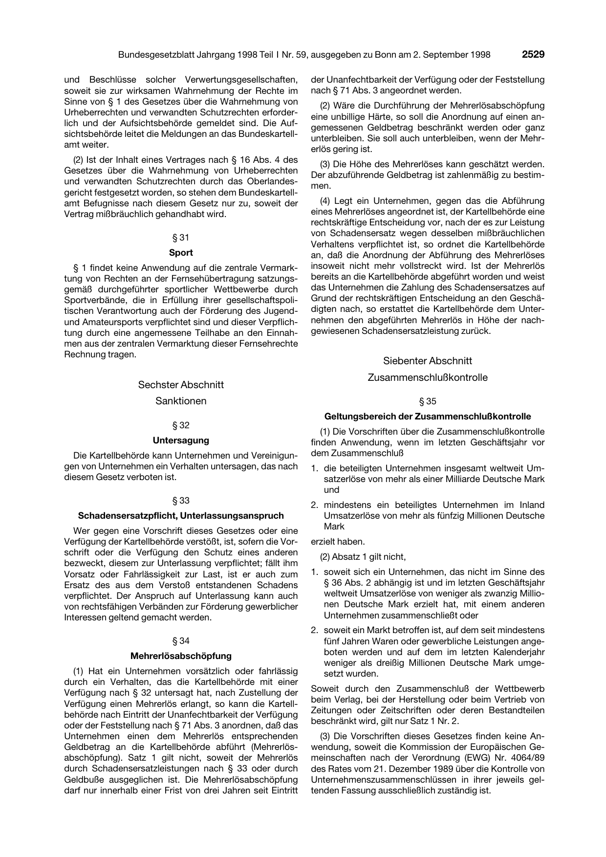 BGBl. 1998, Seite 2529 — Originalseite als Abbildung
