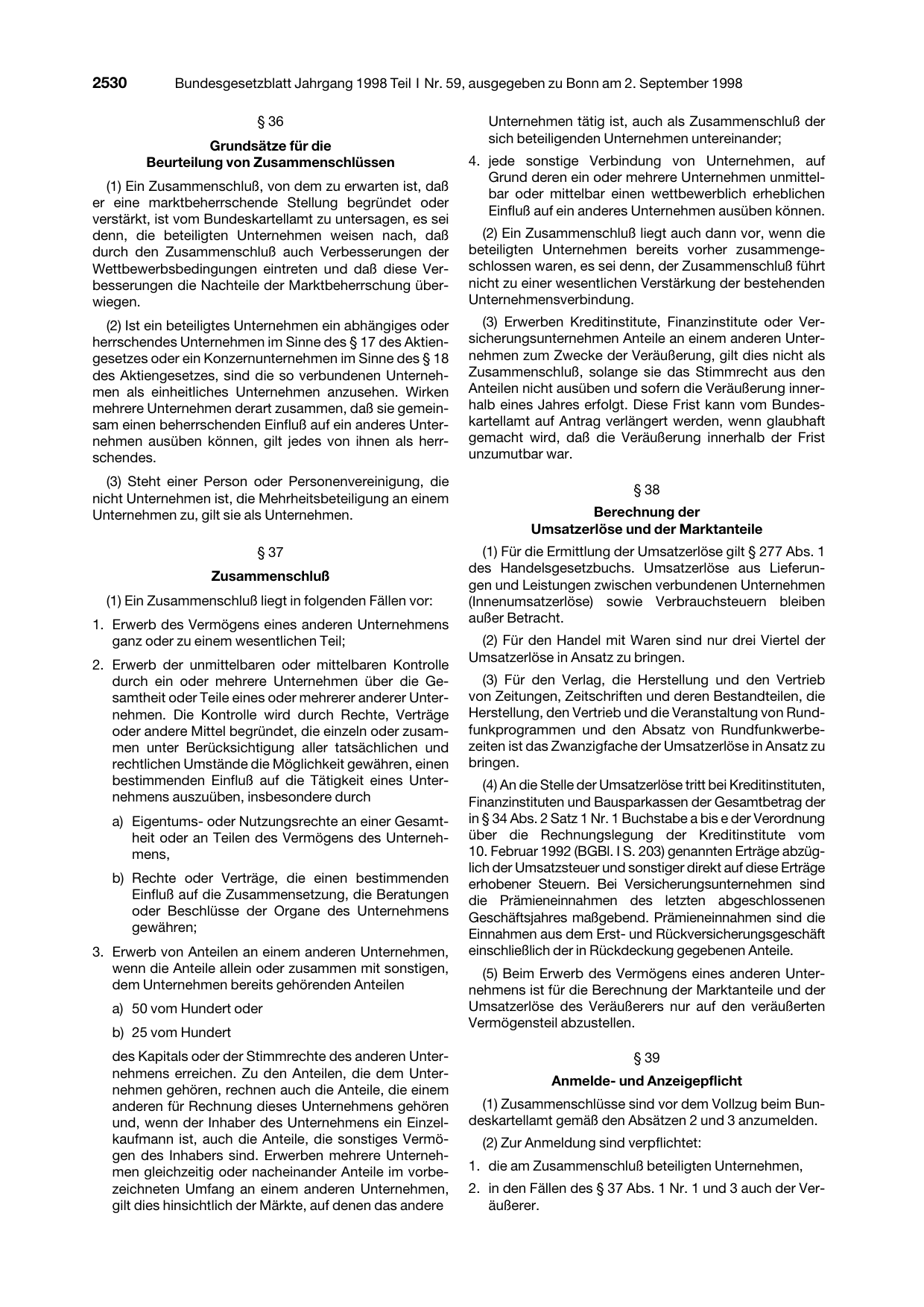 BGBl. 1998, Seite 2530 — Originalseite als Abbildung