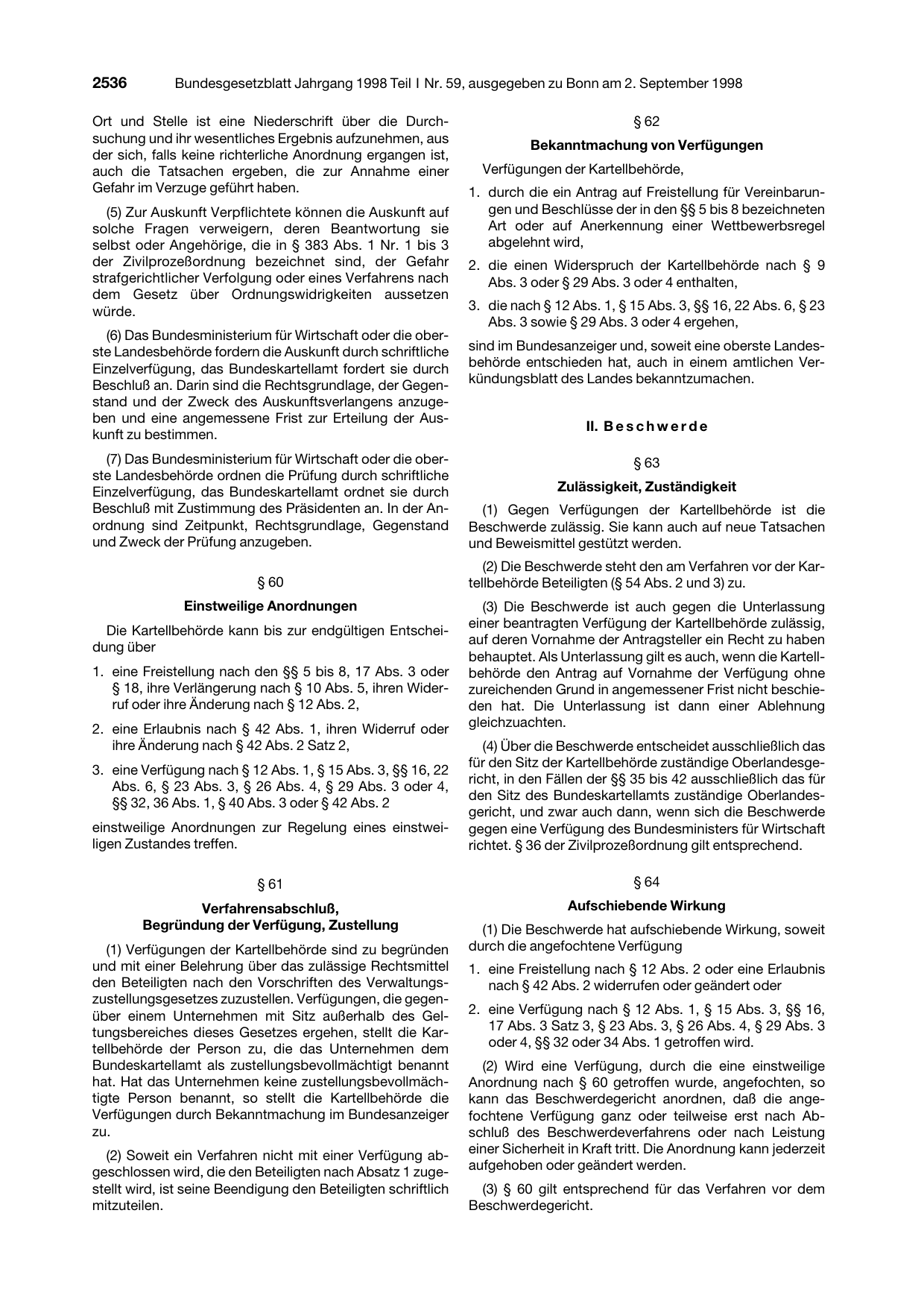 BGBl. 1998, Seite 2536 — Originalseite als Abbildung
