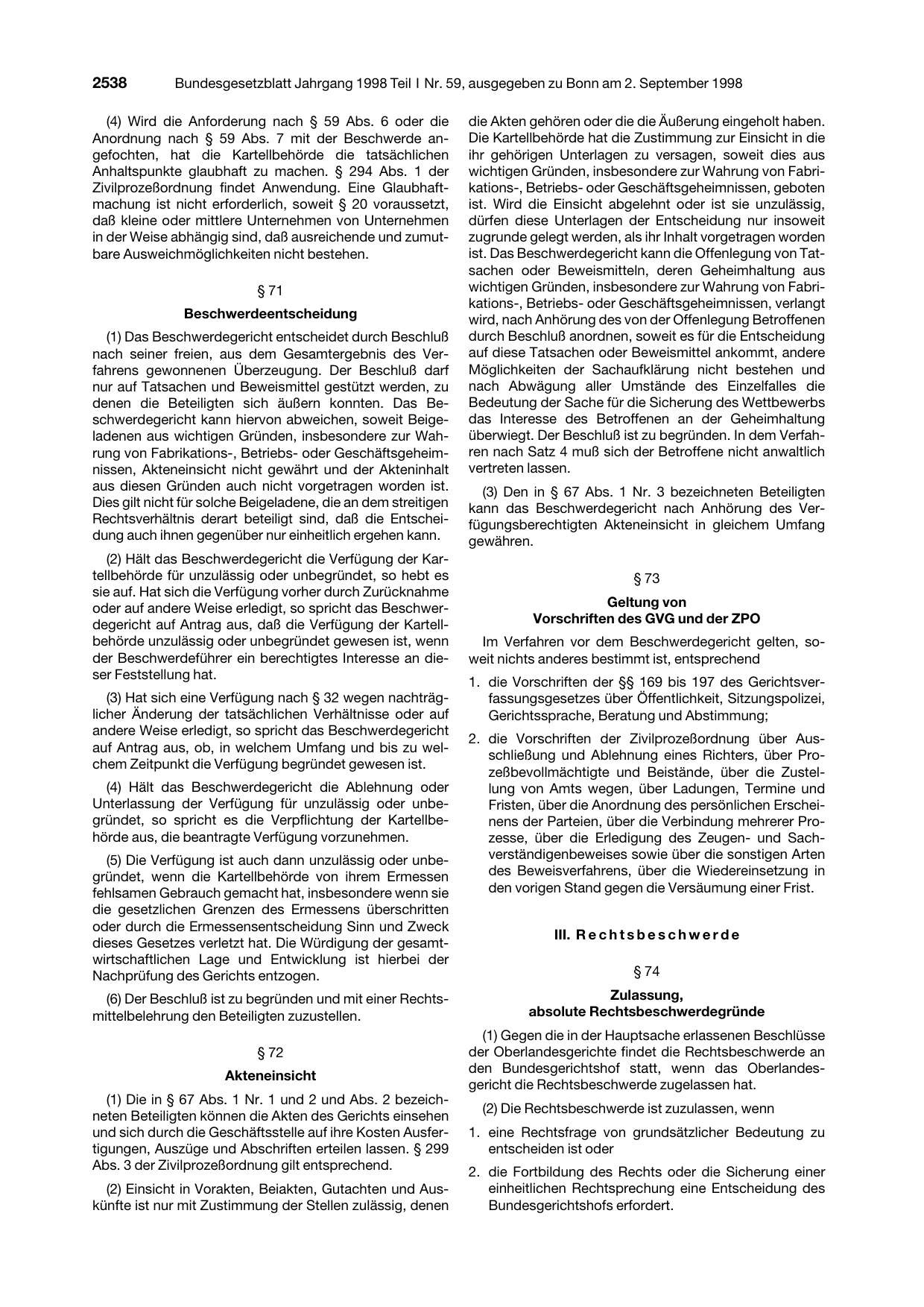 BGBl. 1998, Seite 2538 — Originalseite als Abbildung