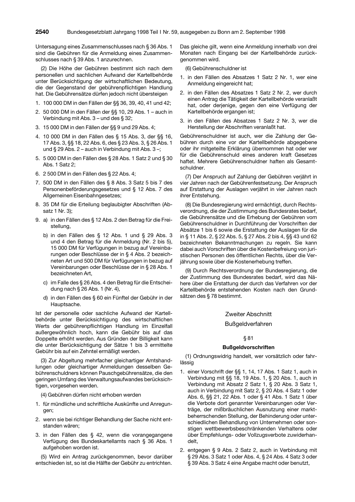 BGBl. 1998, Seite 2540 — Originalseite als Abbildung