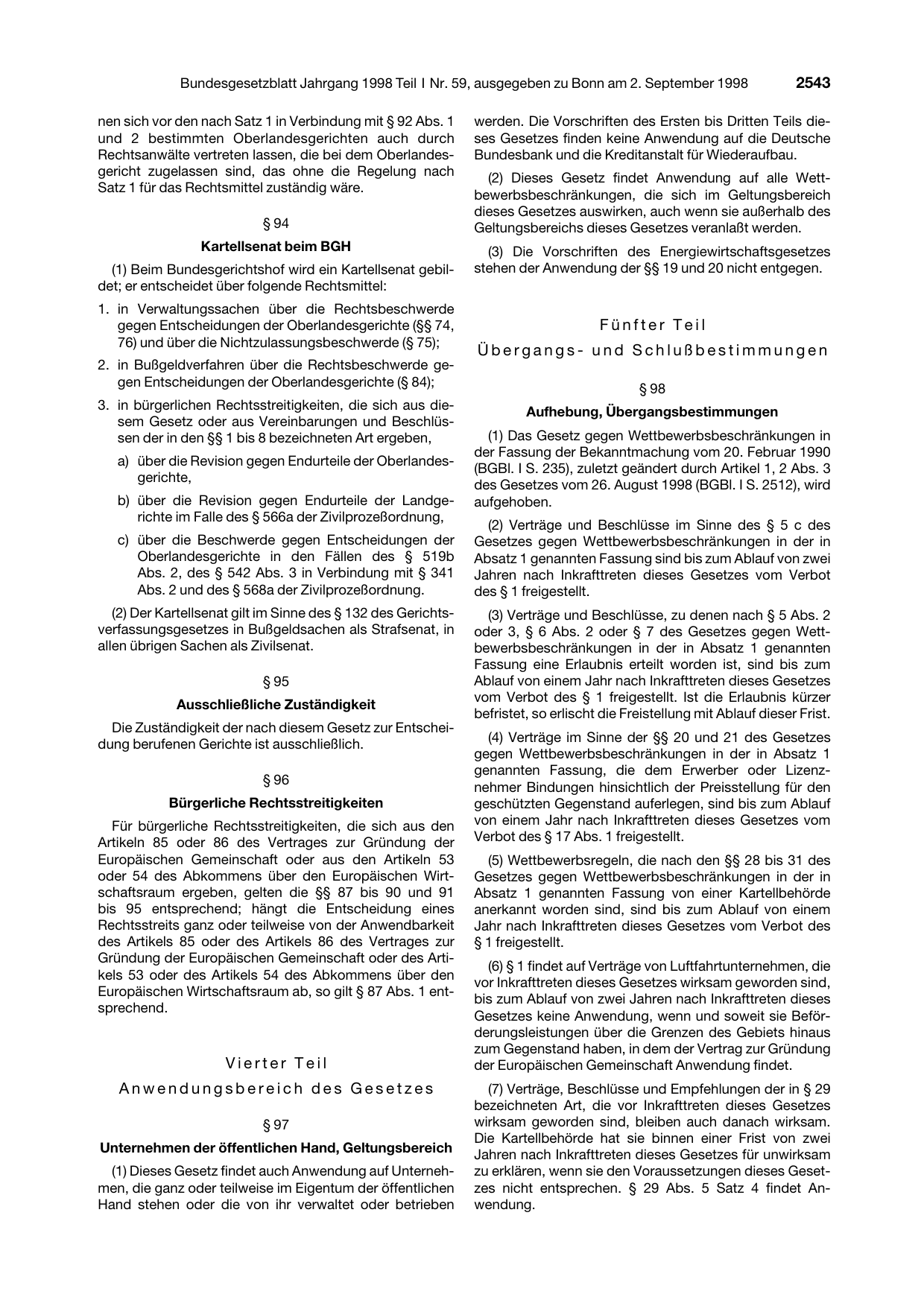 BGBl. 1998, Seite 2543 — Originalseite als Abbildung
