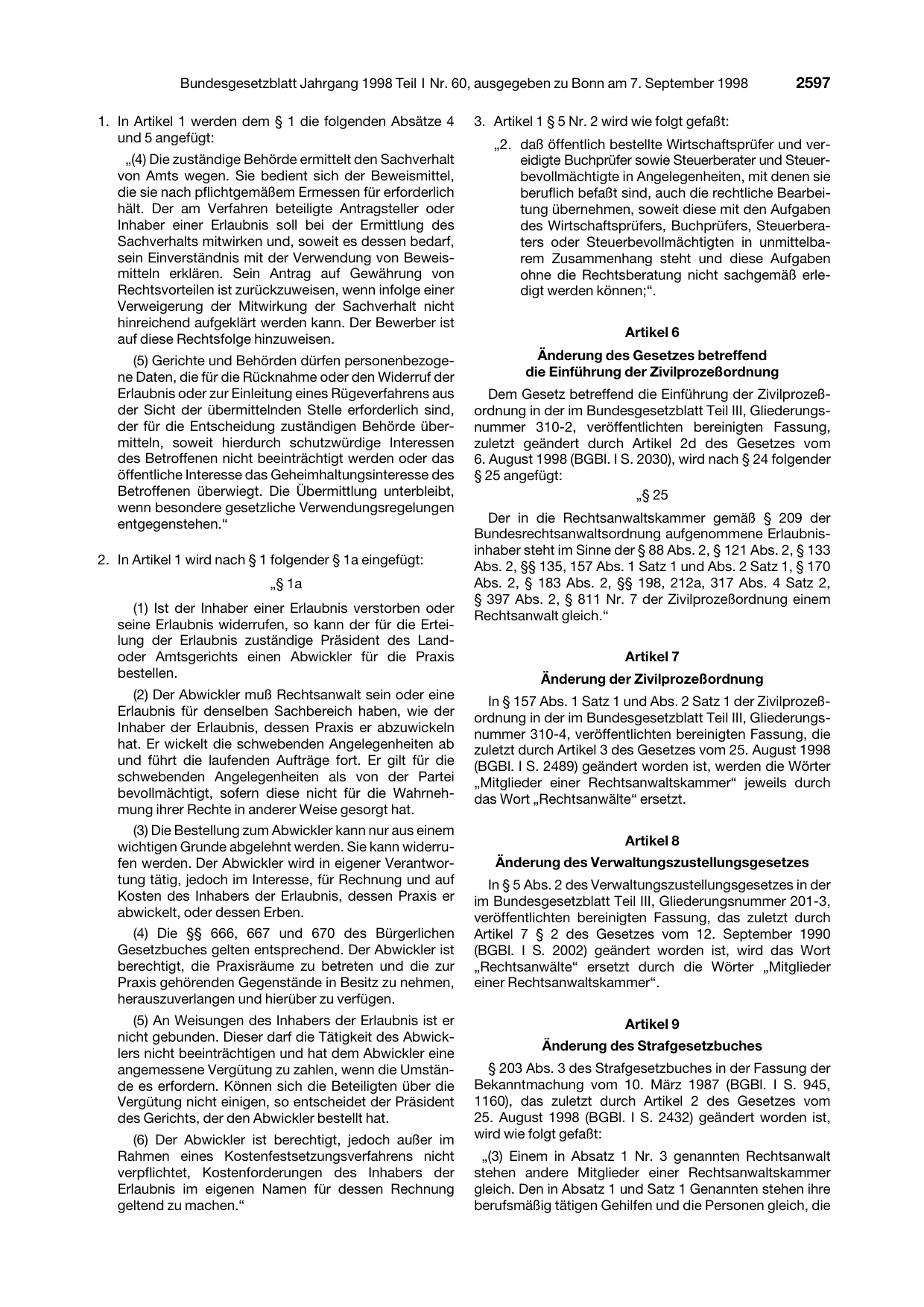 BGBl. 1998, Seite 2597 — Originalseite als Abbildung