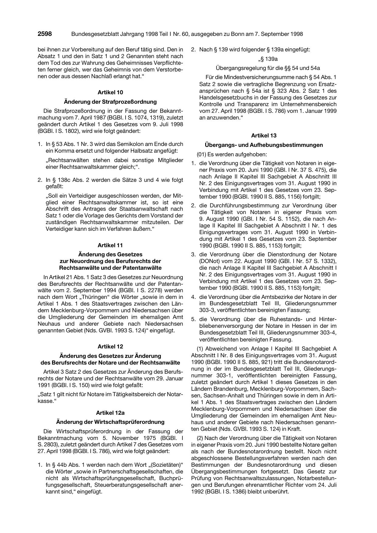 BGBl. 1998, Seite 2598 — Originalseite als Abbildung