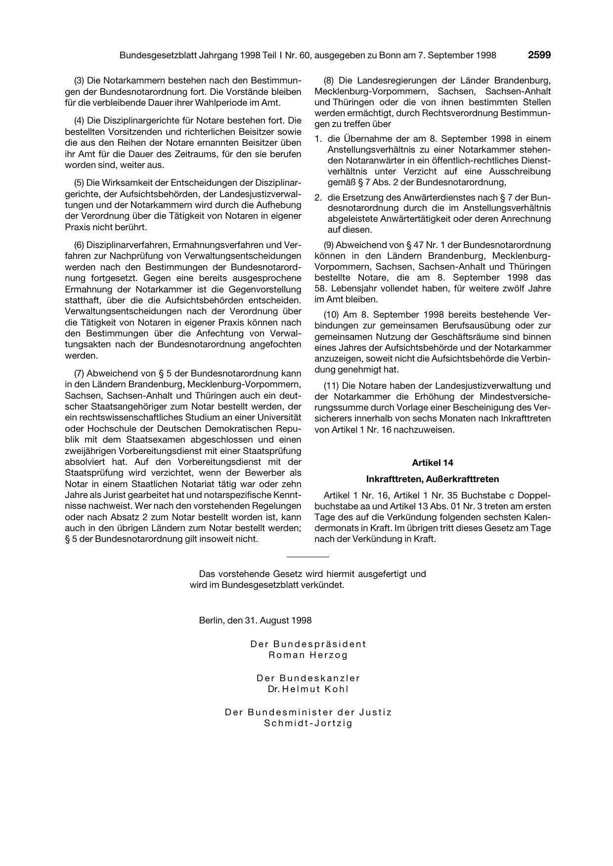 BGBl. 1998, Seite 2599 — Originalseite als Abbildung