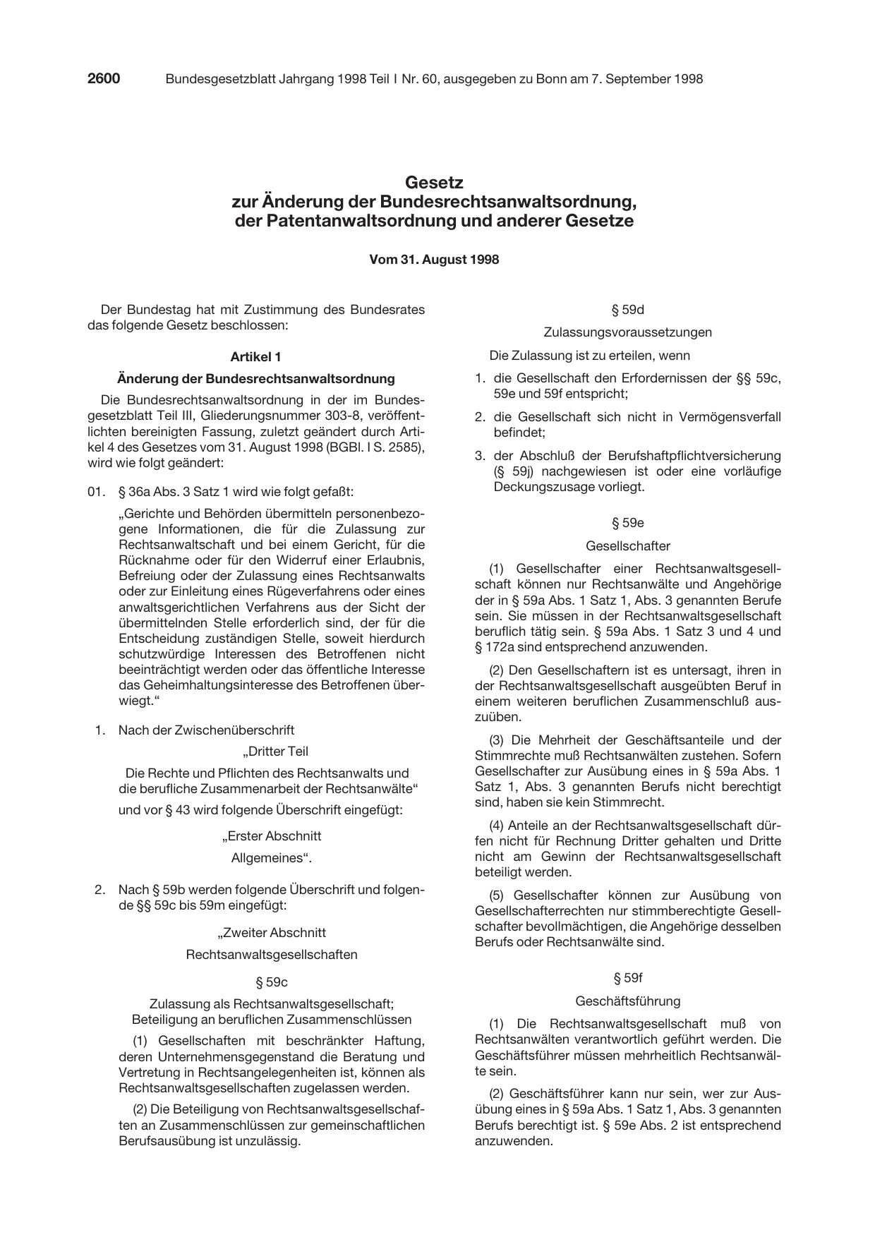 BGBl. 1998, Seite 2600 — Originalseite als Abbildung
