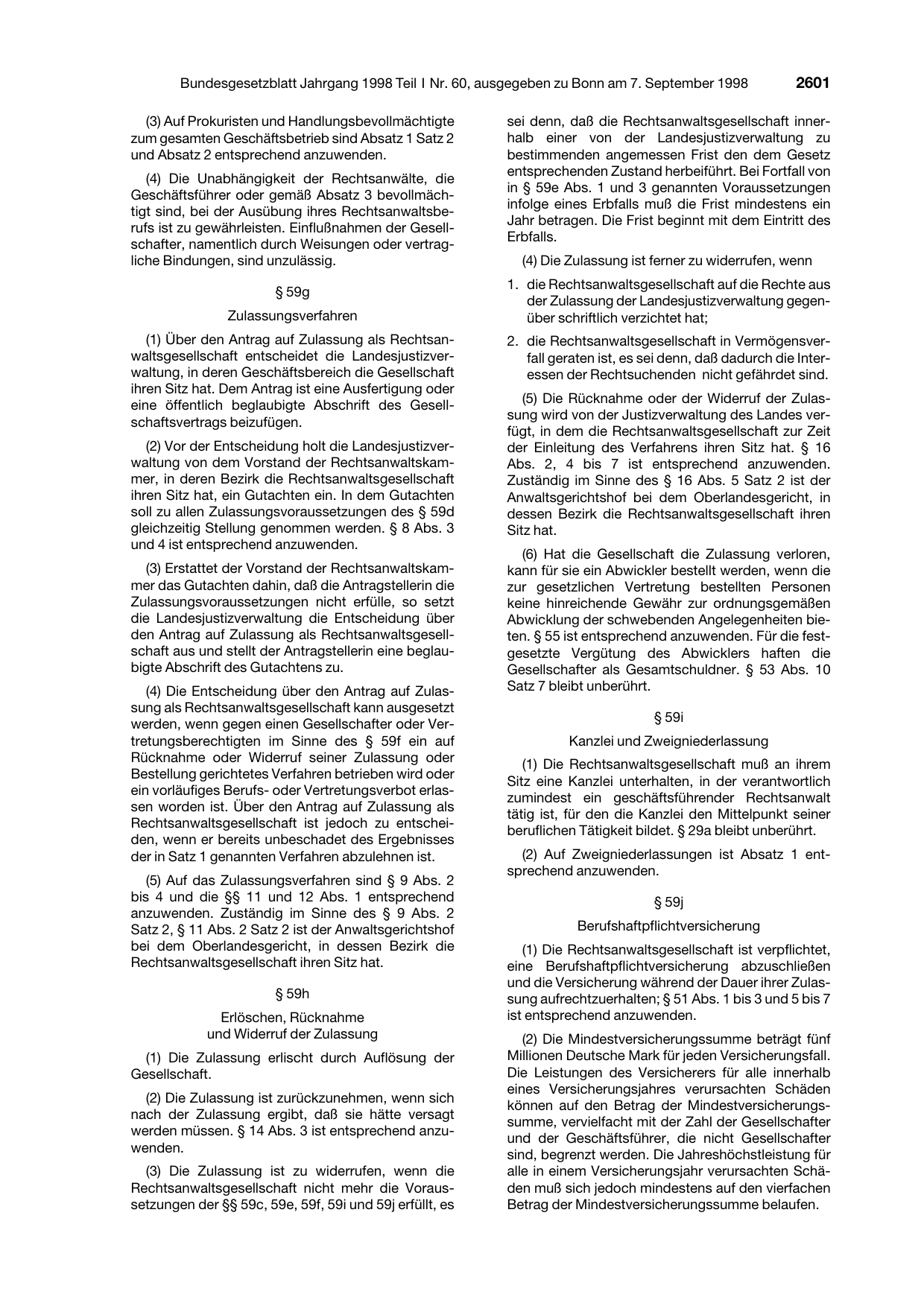 BGBl. 1998, Seite 2601 — Originalseite als Abbildung
