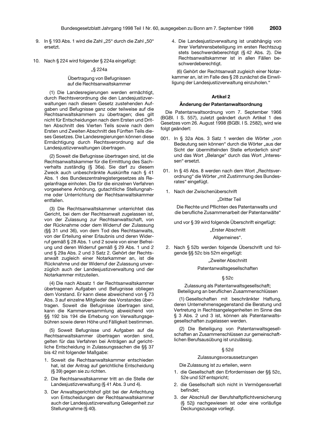 BGBl. 1998, Seite 2603 — Originalseite als Abbildung