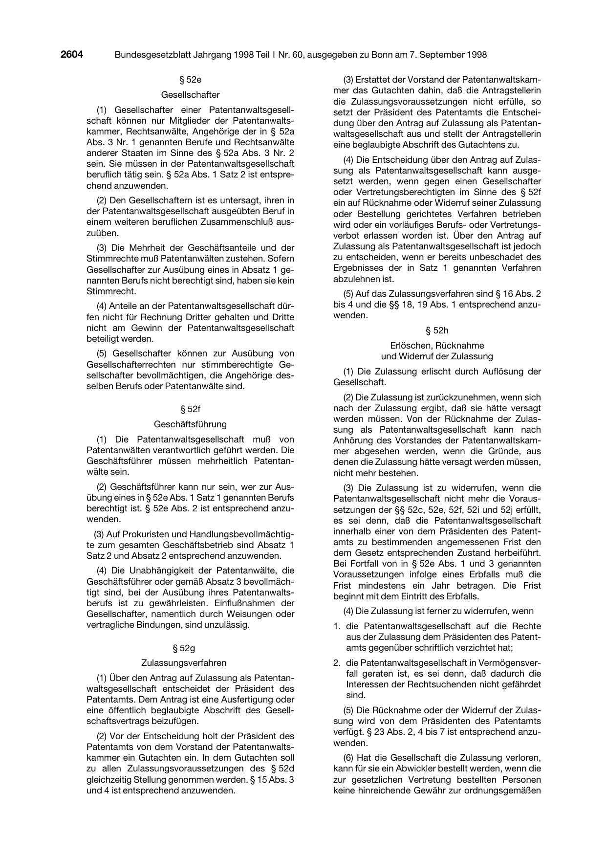 BGBl. 1998, Seite 2604 — Originalseite als Abbildung