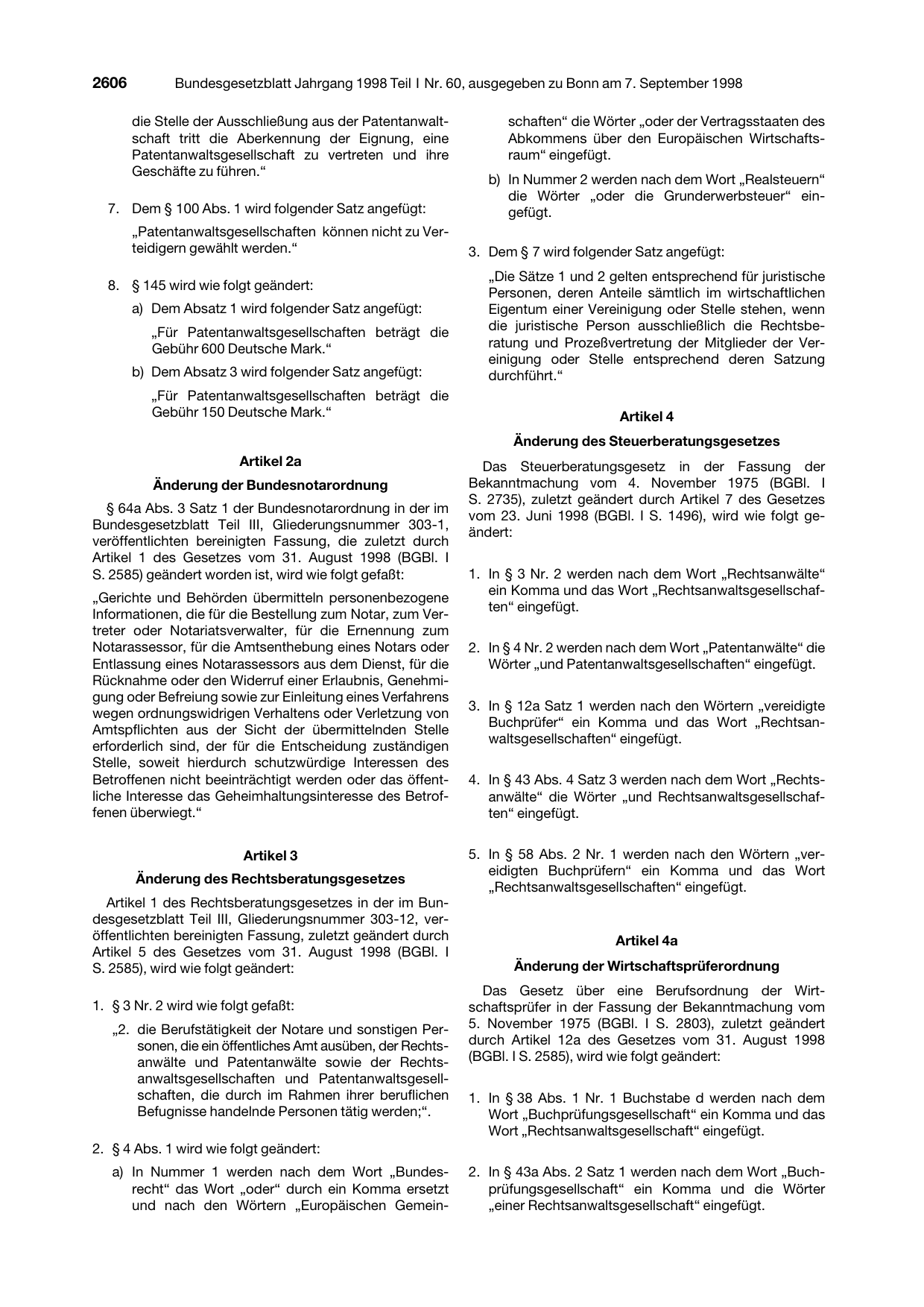 BGBl. 1998, Seite 2606 — Originalseite als Abbildung