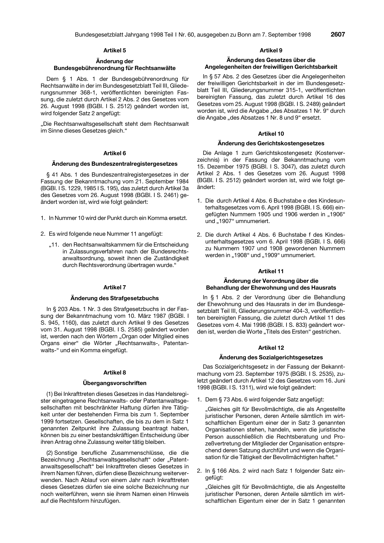 BGBl. 1998, Seite 2607 — Originalseite als Abbildung