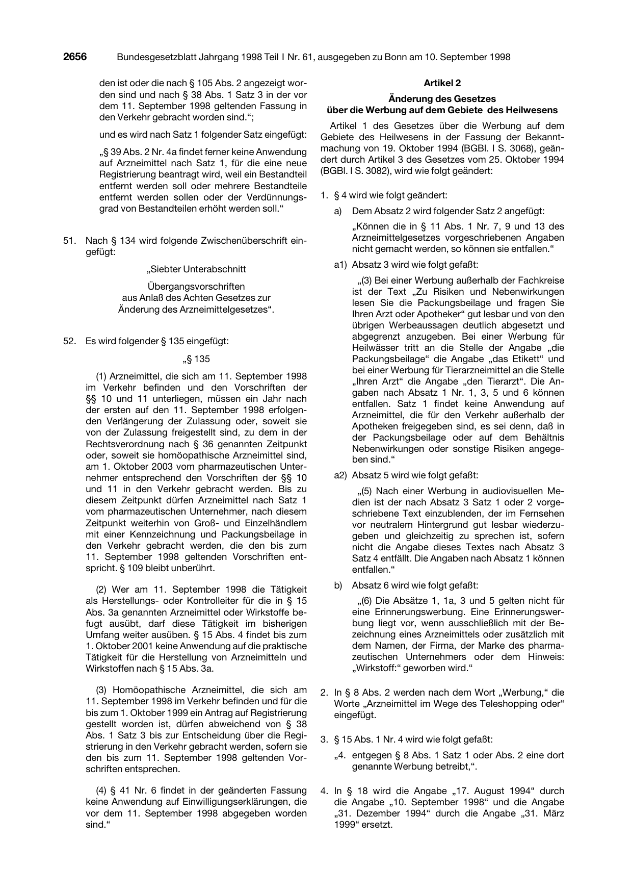 BGBl. 1998, Seite 2656 — Originalseite als Abbildung
