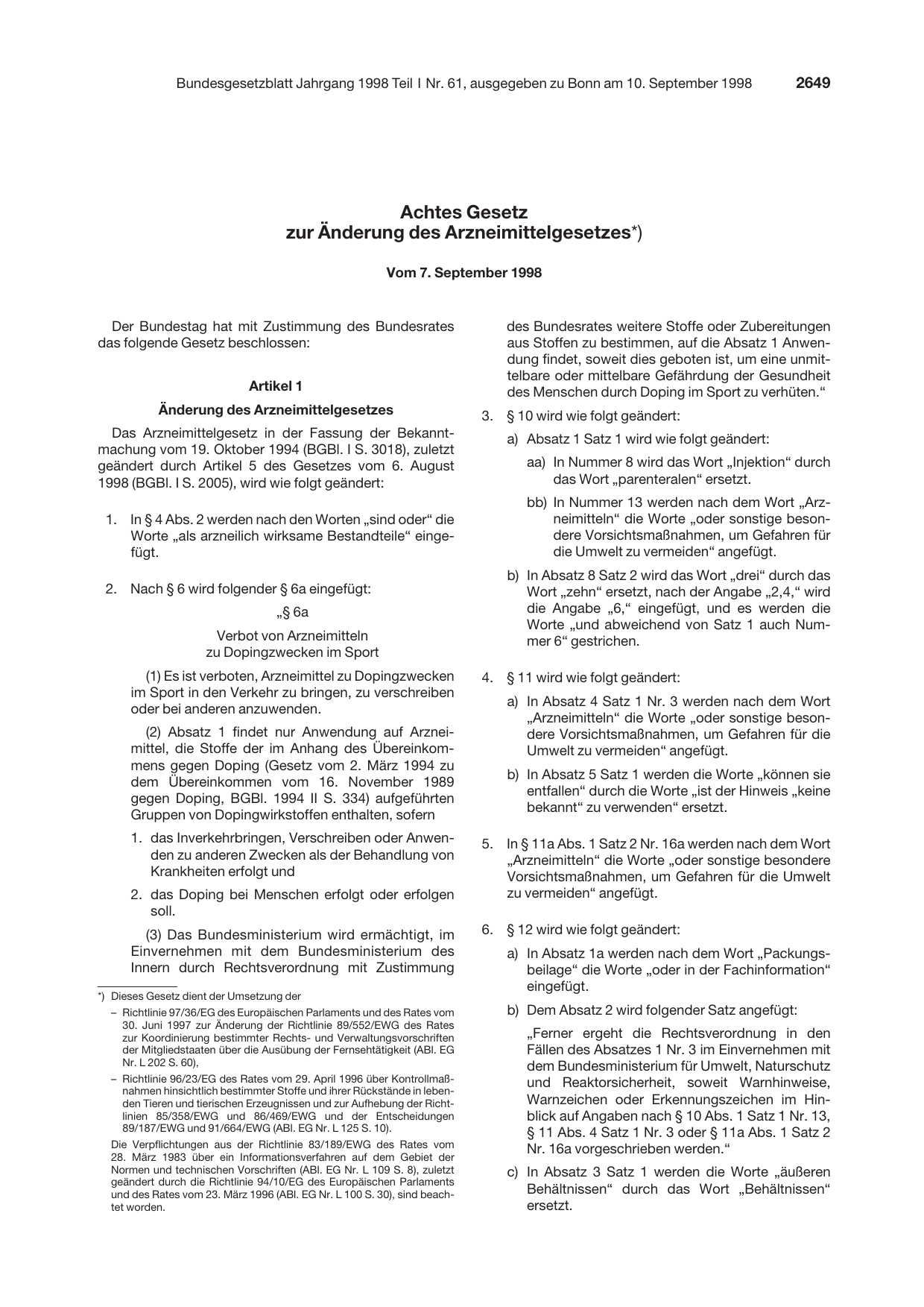 BGBl. 1998, Seite 2649 — Originalseite als Abbildung