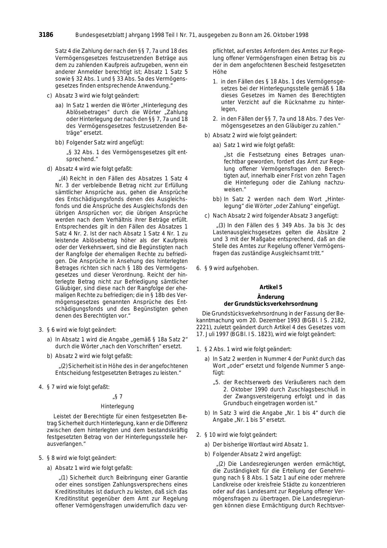 BGBl. 1998, Seite 3186 — Originalseite als Abbildung